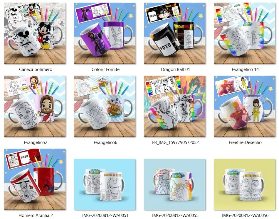 Pacote 40 artes sublimacao caneca de colorir dia das criancas png arquivo digital com estampas para imprimir e personalizar