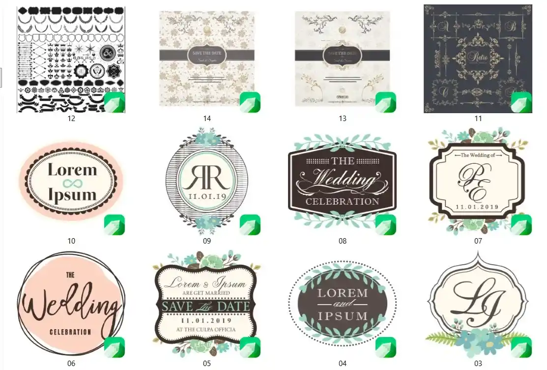 Kit 40 artes vetoriais cdr elementos casamento coreldraw arte digital para atelie de personalizados e conviteiros