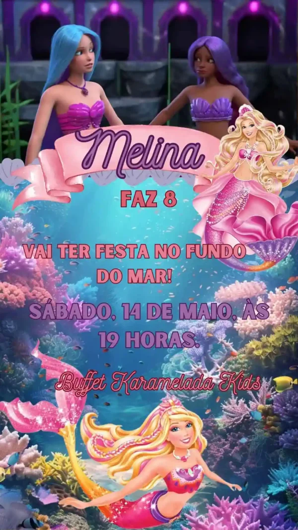 Convite de aniversario da Barbie Sereia editavel no Canva em formato de video animado.