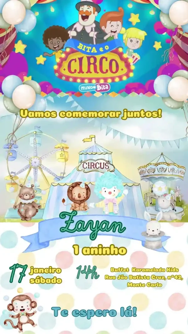 Convite de aniversario no tema Circo editavel no Canva em formato de video animado.