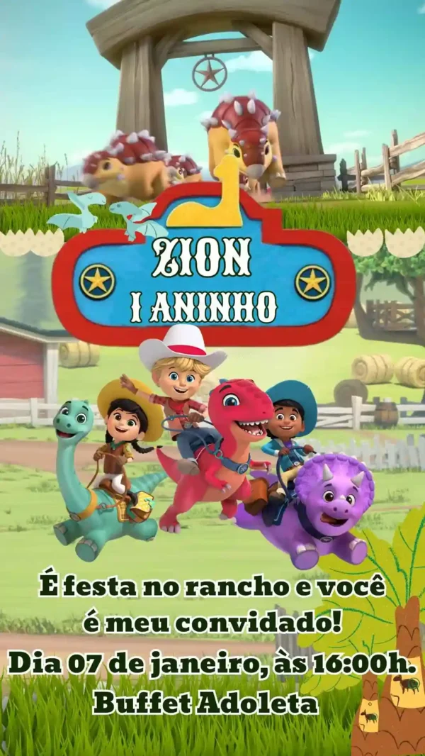 Convite de aniversario no tema Dino Ranch editavel no Canva em formato de video animado.