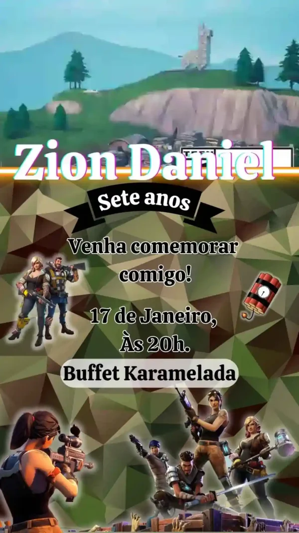 Convite de aniversario do Fortnite editavel no Canva em formato de video animado.