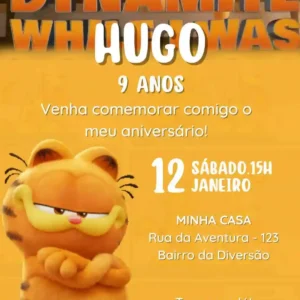 Convite de aniversario do Garfield editavel no Canva em formato de video animado.