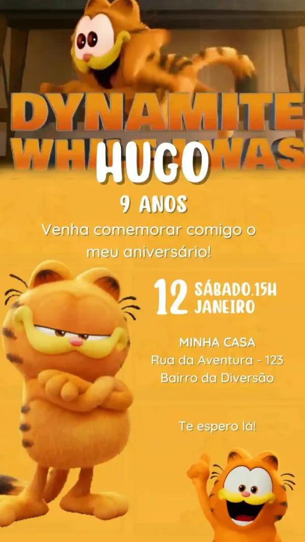 Convite de aniversario do Garfield editavel no Canva em formato de video animado.