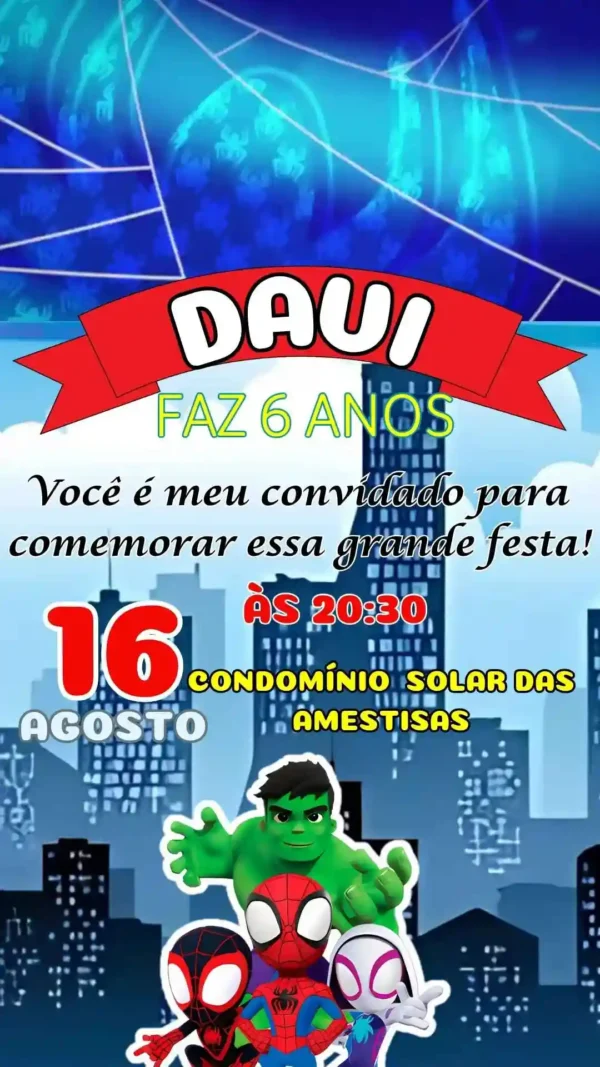 Convite de aniversario do Homem-Aranha editavel no Canva em formato de video animado.