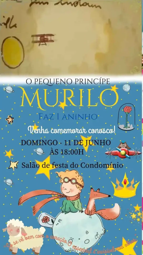 Convite de aniversario do Pequeno Principe editavel no Canva em formato de video animado.