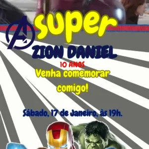 Convite de aniversario The Avengers editavel no Canva em formato de video animado.