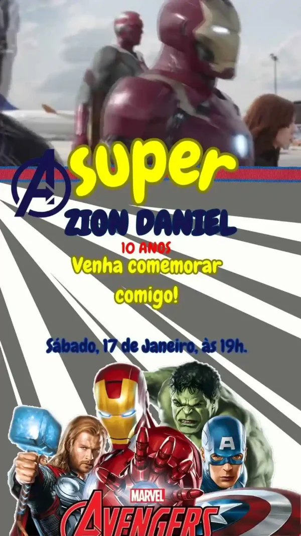 Convite de aniversario The Avengers editavel no Canva em formato de video animado.