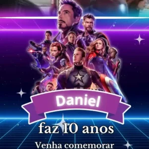 Convite de aniversario dos Vingadores editavel no Canva em formato de video animado.