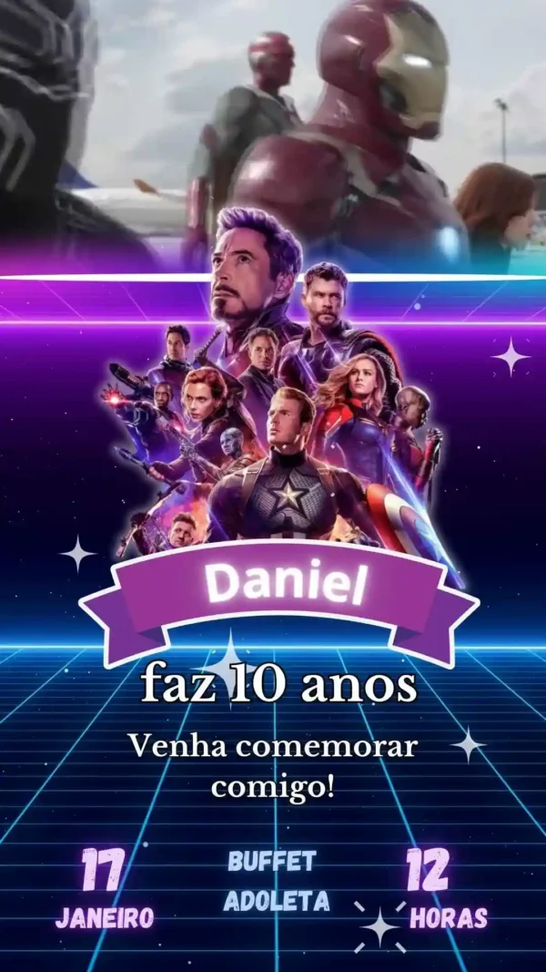 Convite de aniversario dos Vingadores editavel no Canva em formato de video animado.