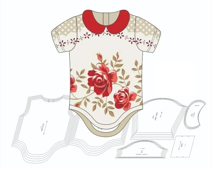 Molde de costura body bebe abertura nas costas para imprimir em PDF moldes de roupa infantil formato A4 e grafica
