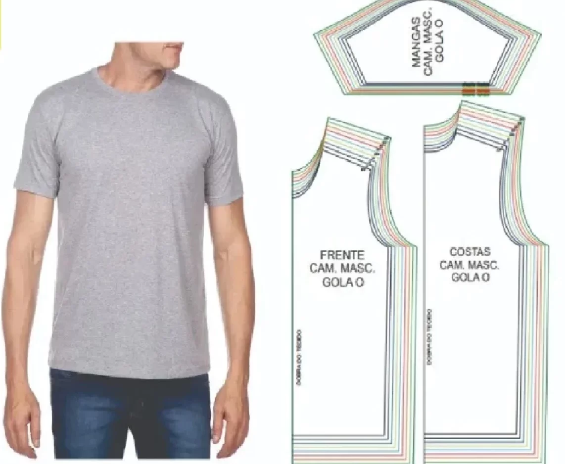 Molde de costura camiseta masculina gola v e careca para imprimir em PDF moldes de roupa masculina formato A4 e grafica