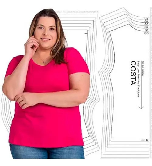 Molde de costura baby look plus size para imprimir em PDF moldes de roupa feminina formato A4 e grafica
