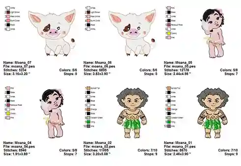 Matrizes de bordado moana personalizado para comprar em pes dst jef e exp para bordar enxoval infantil e toalhas
