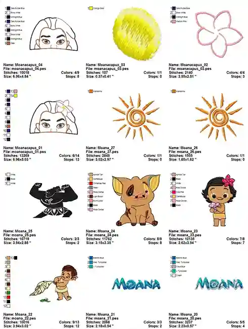Pacote de matrizes de bordado moana para comprar formato pes jef dst exp bordados personalizados infantis