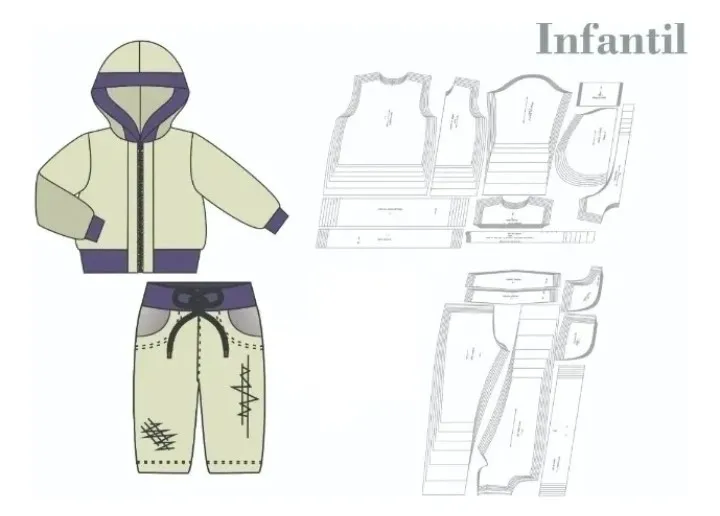 Molde de costura jaqueta e calca moletom infantil para imprimir em PDF moldes de roupa infantil formato A4 e grafica