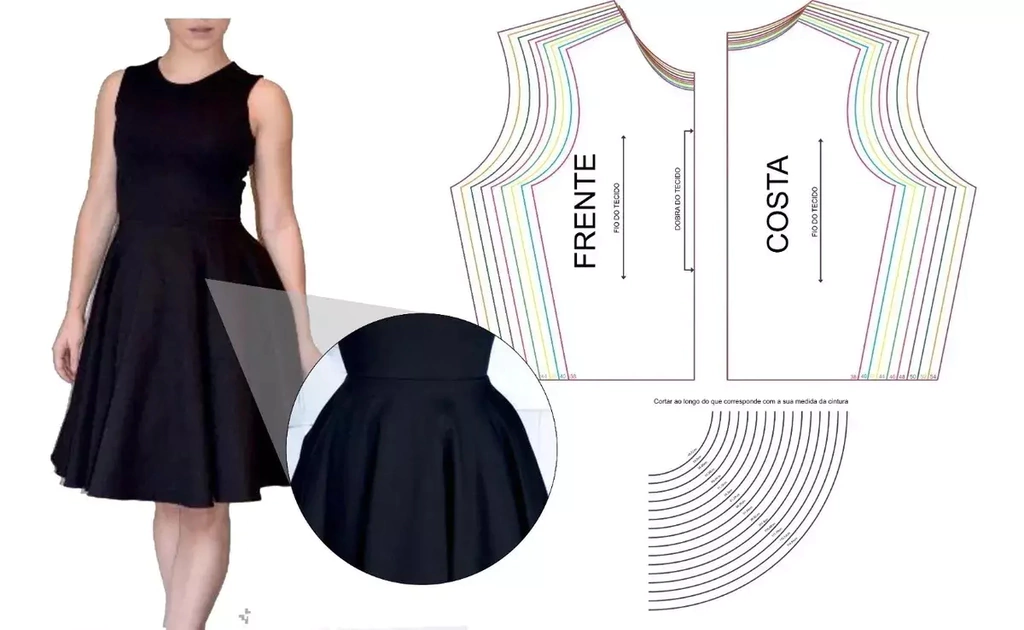 Molde de costura vestido gode feminino para imprimir em PDF moldes de roupa feminina formato A4 e grafica