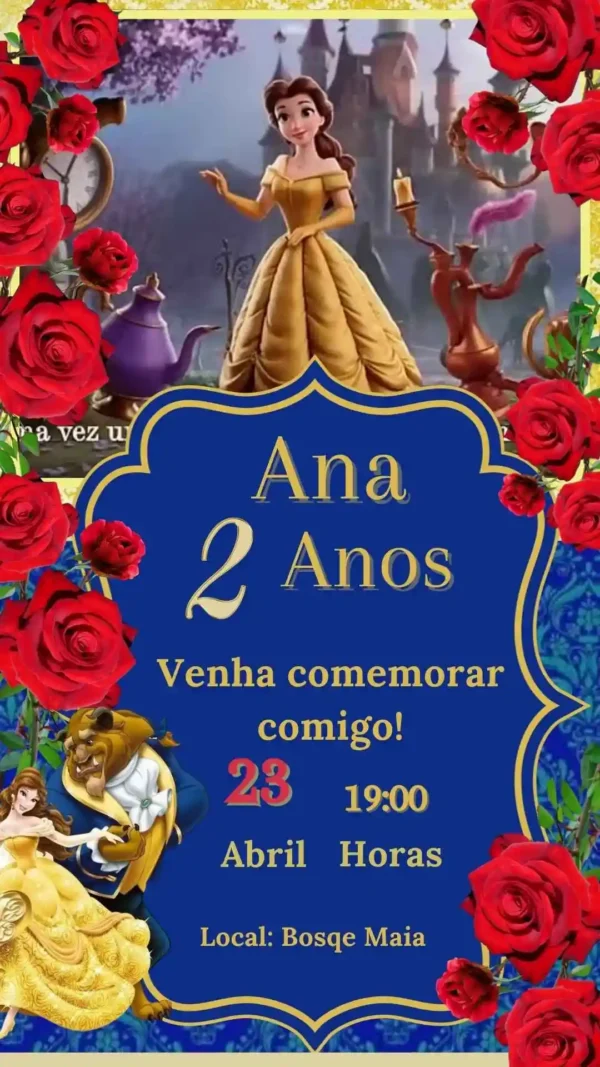 Convite de aniversario da Bela e a Fera editavel no Canva em formato de video animado.