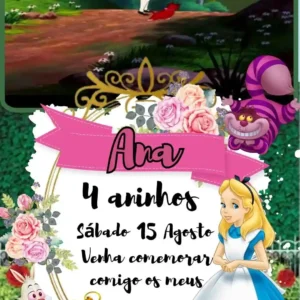 Convite de aniversario da Alice no Pais das Maravilhas editavel no Canva em formato de video animado.