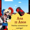 Convite de aniversario da Arlequina editavel no Canva em formato de video animado.
