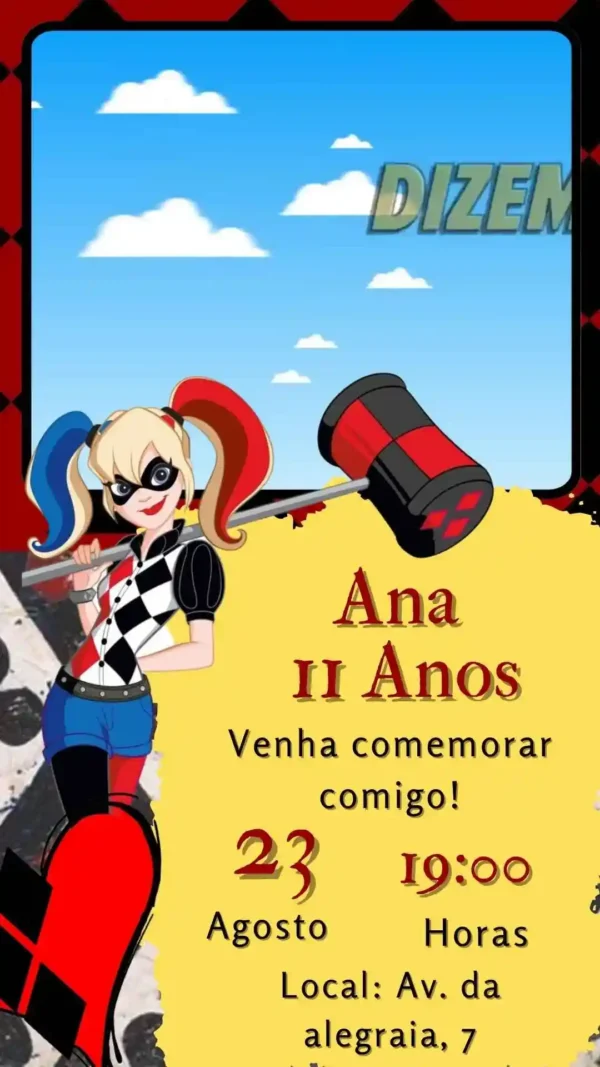 Convite de aniversario da Arlequina editavel no Canva em formato de video animado.