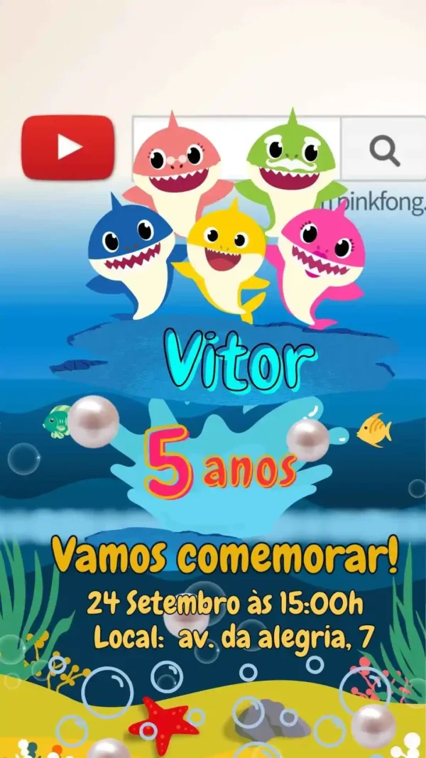 Convite de aniversario do Baby Shark editavel no Canva em formato de video animado.