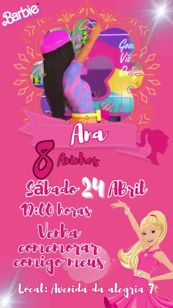 Convite de aniversario da Barbie editavel no Canva em formato de video animado.