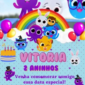 Convite de aniversario dos Bolofofos editavel no Canva em formato de video animado.
