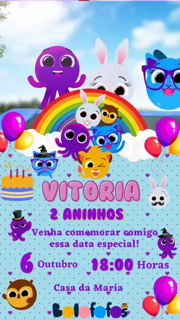 Convite de aniversario dos Bolofofos editavel no Canva em formato de video animado.