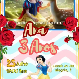 Convite de aniversario da Branca de Neve editavel no Canva em formato de video animado.