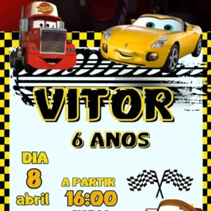 Convite de aniversario dos Carros Disney editavel no Canva em formato de video animado.