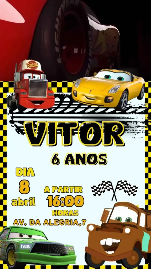 Convite de aniversario dos Carros Disney editavel no Canva em formato de video animado.