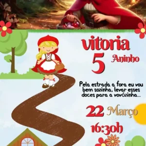 Convite de aniversario da Chapeuzinho Vermelho editavel no Canva em formato de video animado.