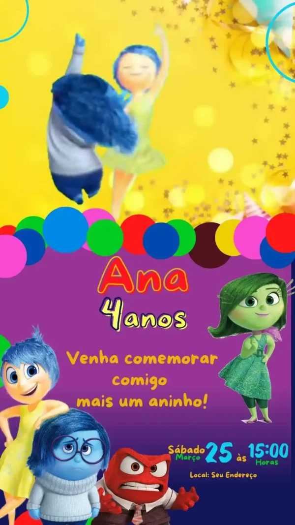Convite de aniversario do Divertida Mente editavel no Canva em formato de video animado.