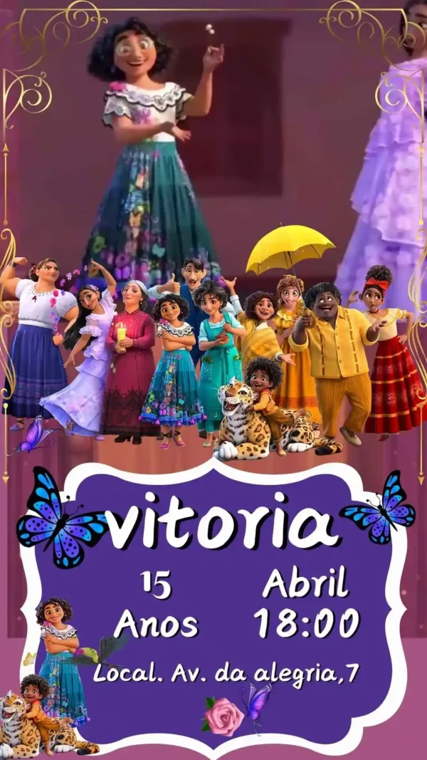 Convite de aniversario da Familia Madrigal Encanto editavel no Canva em formato de video animado.