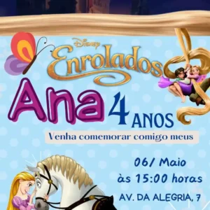 Convite de aniversario do tema Enrolados Rapunzel editavel no Canva em formato de video animado.