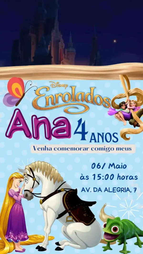 Convite de aniversario do tema Enrolados Rapunzel editavel no Canva em formato de video animado.