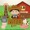 Convite de aniversario no tema Fazendinha editavel no Canva em formato de video animado.