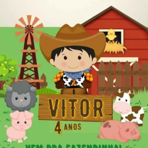 Convite de aniversario no tema Fazendinha editavel no Canva em formato de video animado.