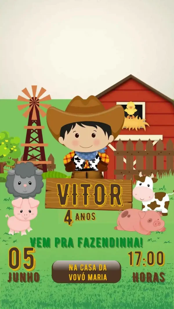 Convite de aniversario no tema Fazendinha editavel no Canva em formato de video animado.