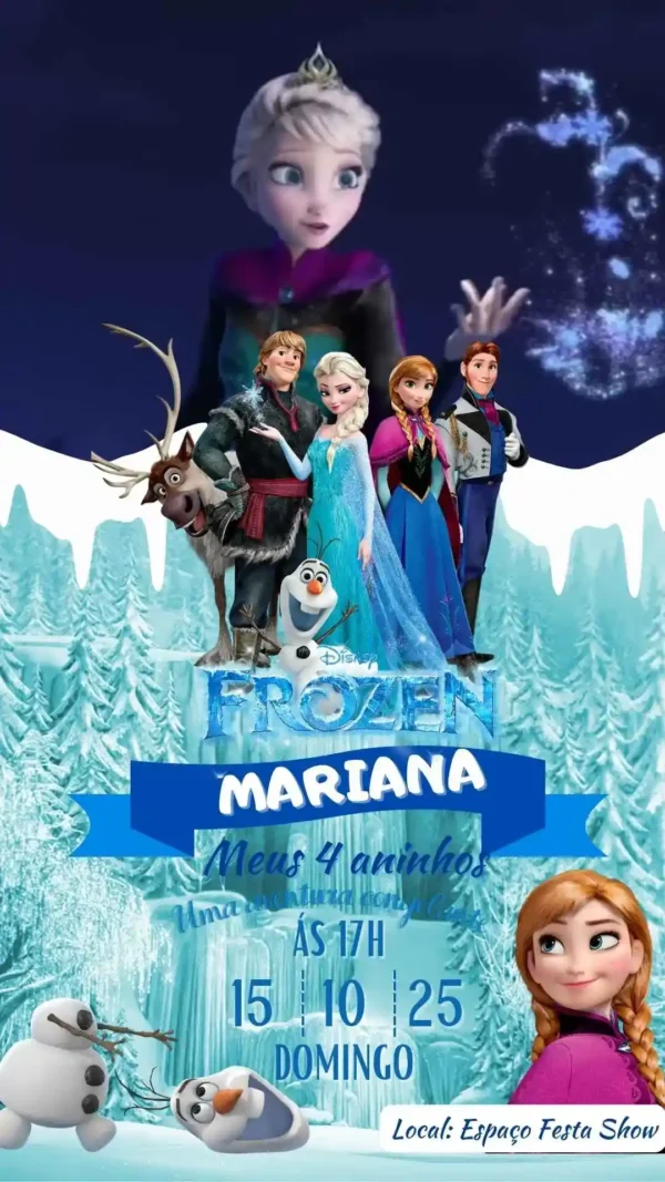 Convite de aniversario do Frozen editavel no Canva em formato de video animado.