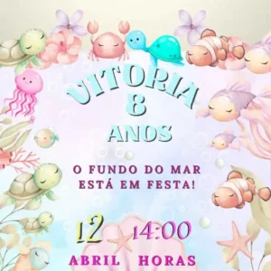 Convite de aniversario no tema Fundo do Mar editavel no Canva em formato de video animado.