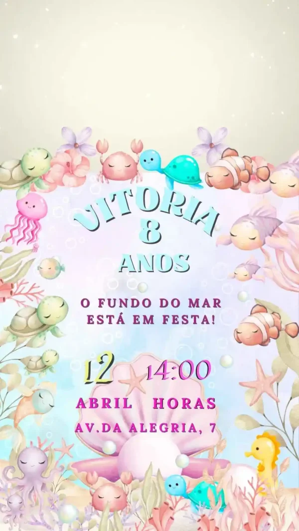 Convite de aniversario no tema Fundo do Mar editavel no Canva em formato de video animado.