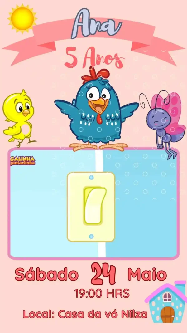 Convite de aniversario da Galinha Pintadinha editavel no Canva em formato de video animado.