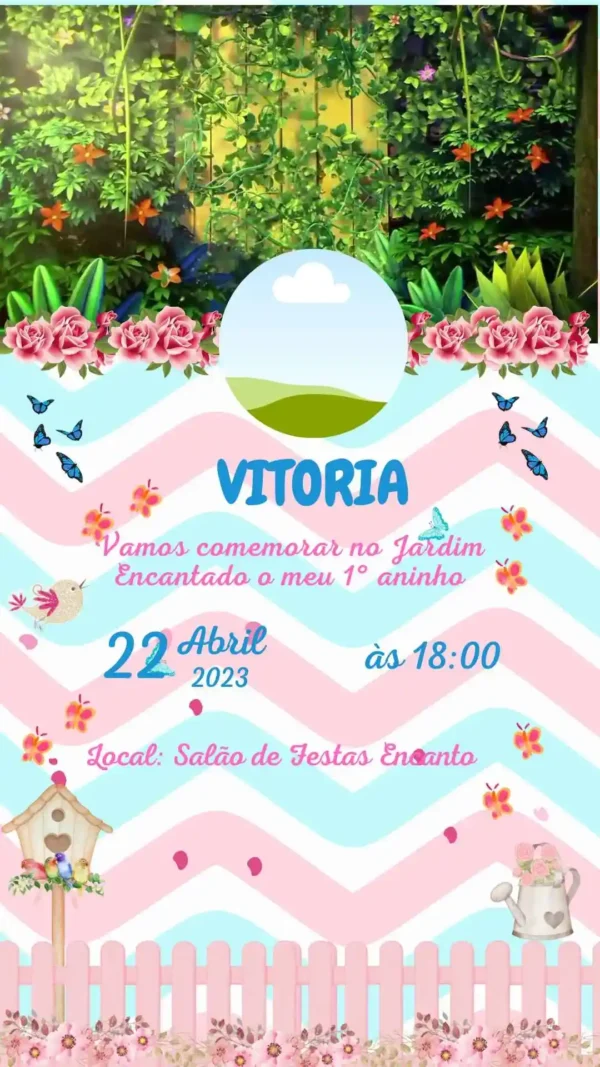 Convite de aniversario no tema Jardim Encantado editavel no Canva em formato de video animado.