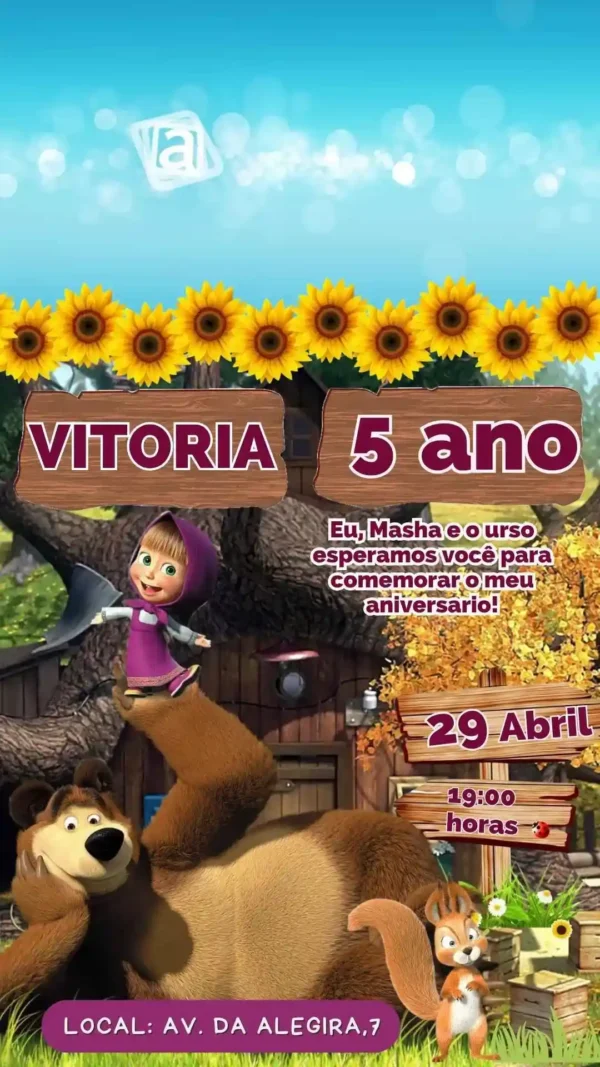 Convite de aniversario da Masha e o Urso editavel no Canva em formato de video animado.