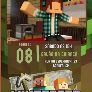 Convite de aniversario do Minecraft editavel no Canva em formato de video animado.
