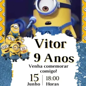 Convite de aniversario dos Minions editavel no Canva em formato de video animado.