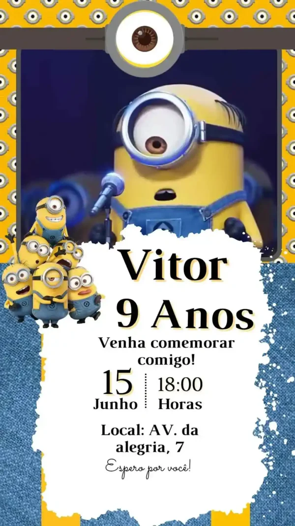 Convite de aniversario dos Minions editavel no Canva em formato de video animado.