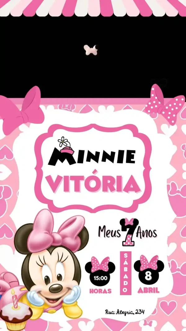 Convite de aniversario da Minnie Baby editavel no Canva em formato de video animado.